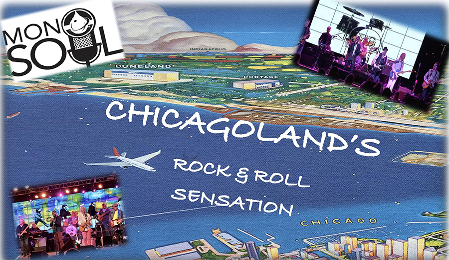 Graphic for the Monosoul Band. A hand-painted map of Chicago with images of the Monosoul Band playing live atop.